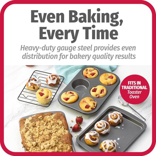 GoodCook 4-Piece Nonstick Steel Toaster Oven Set - Includes Sheet Pan, Rack, Cake Pan & Muffin Pan, Gray