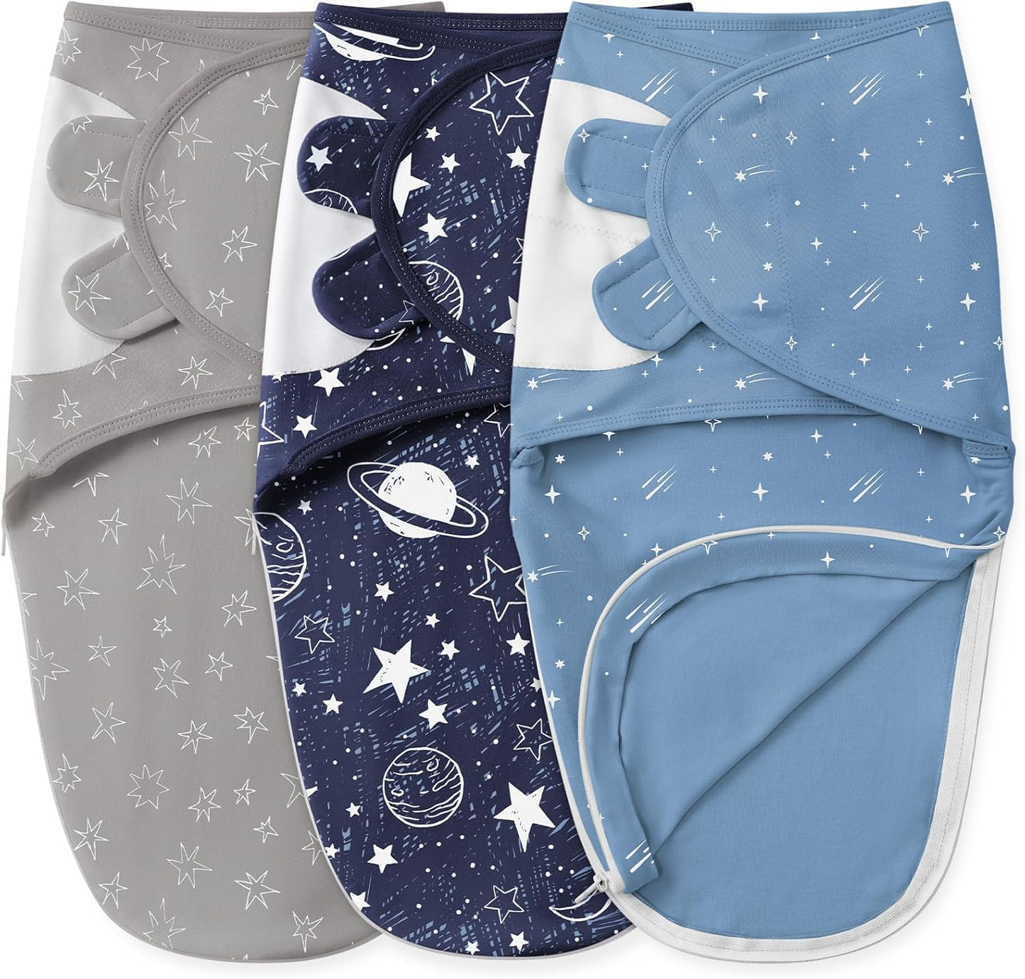 Unnivoll Baby Swaddles - 100% Cotton Newborn Sleep Sack with Zipper | 3-Pack for 0-3 Months - Blue Planet