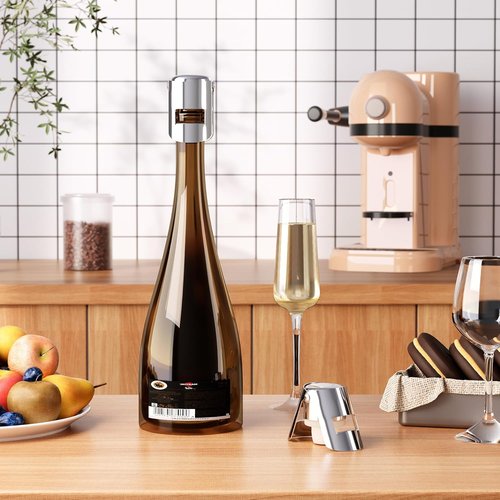 Champagne Stoppers with Stainless Steel Champagne Saver with Food Grade Silicone Leak proof Keep Fresh Suitable for Champagne, Cava, Prosecco and Sparkling (Silver, 2 Pack)