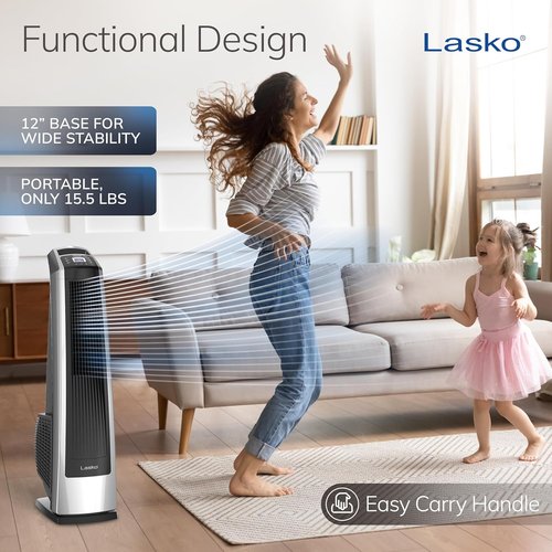 Lasko High Velocity Oscillating Tower Fan - Remote Control, Timer & 3 Speeds | 35" Silver/Black
