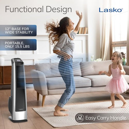 Lasko High Velocity Oscillating Tower Fan for Bedroom, Garage, Basement, and Gym with Remote Control, Timer, 3 Powerful Speeds, 35" Silver/Black, U35115