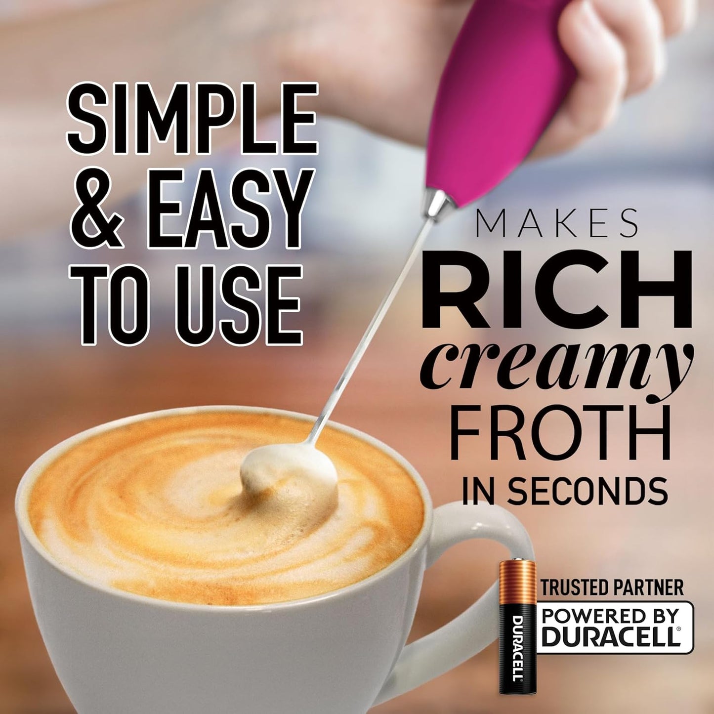 Zulay Kitchen Milk Frother Handheld Electric Whisk with AA Duracell Batteries – Durable Drink Mixer for Coffee, Lattes, Cappuccinos & More - Hot Pink