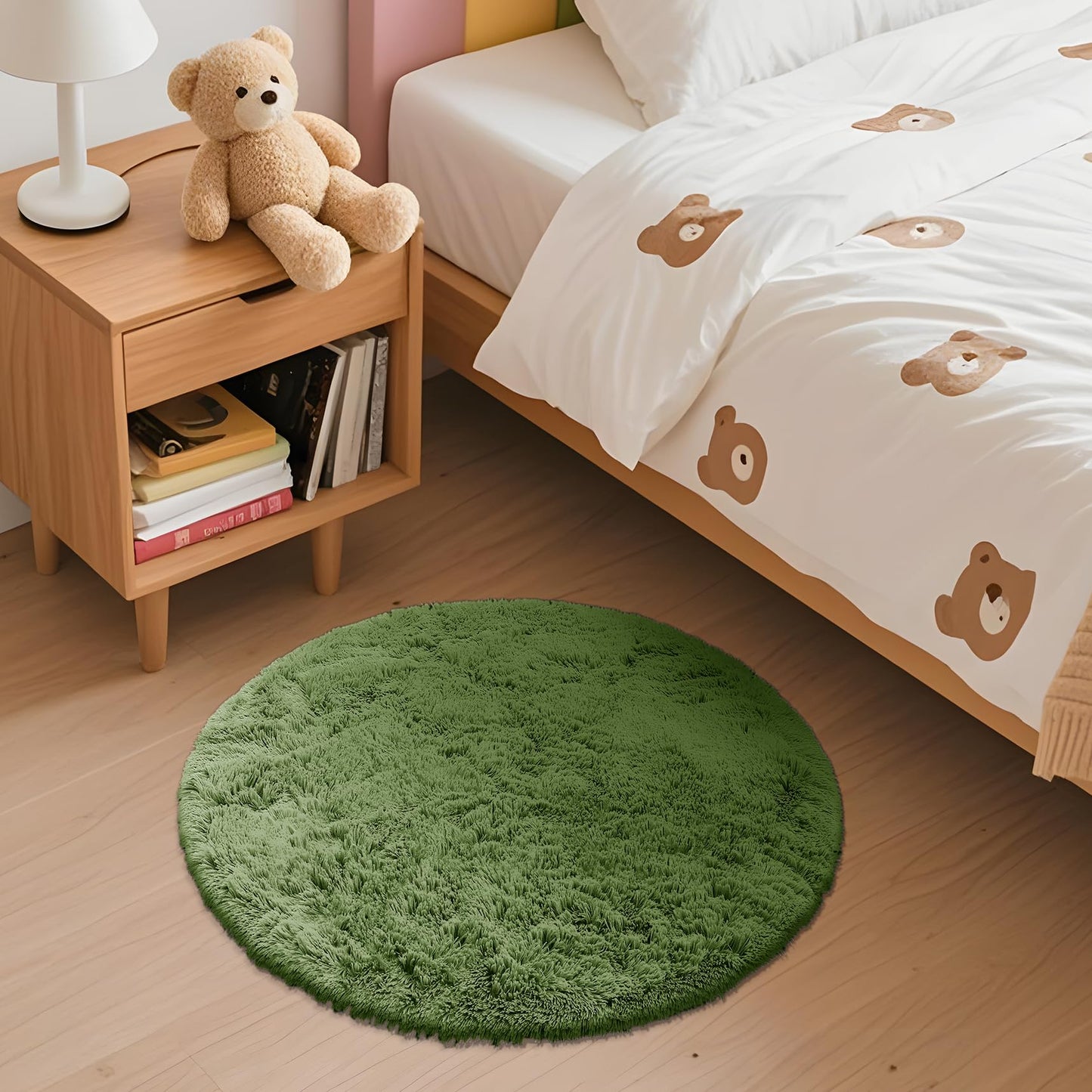 OLANLY Green Round Rugs for Bedroom - Machine Washable, 2 ft Circle Area Rugs for Living Room, Soft and Fluffy Shaggy Carpet for Teen Girl and Boys, Nursery Rooms, Dorms, Home Decor Aesthetic