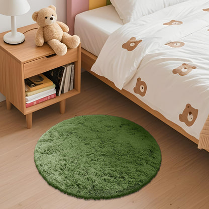 OLANLY Green Round Rugs for Bedroom - Machine Washable, 2 ft Circle Area Rugs for Living Room, Soft and Fluffy Shaggy Carpet for Teen Girl and Boys, Nursery Rooms, Dorms, Home Decor Aesthetic