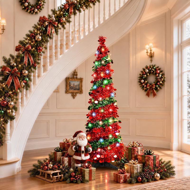 5ft Pop Up Christmas Tree with 90 LED Lights - Collapsible Tinsel Tree (Green) - Indoor Outdoor