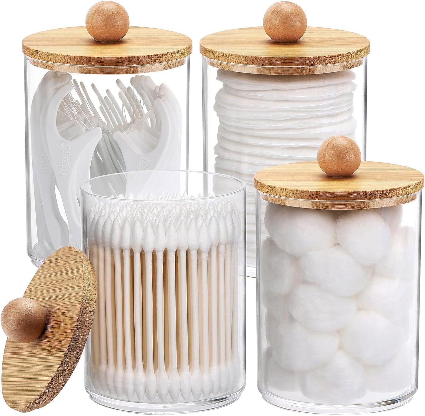 Tbestmax Qtip Holder - 10-Ounce Clear Plastic Bathroom Organizer with Bamboo Lids | 4 Pack for Cotton Swabs & Balls