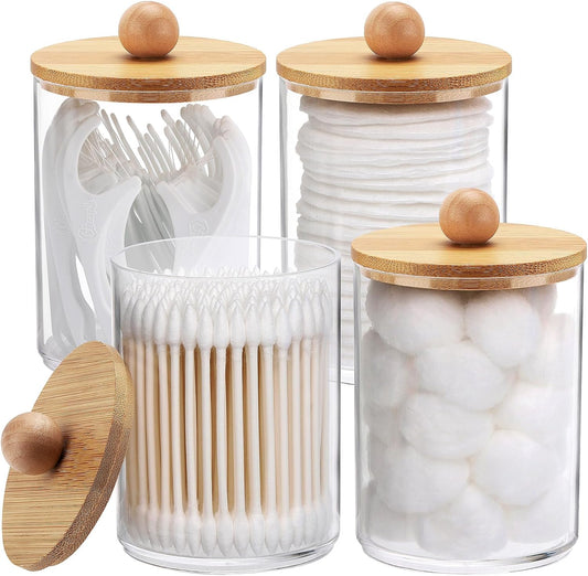 Tbestmax Qtip Holder - 10-Ounce Clear Plastic Bathroom Organizer with Bamboo Lids | 4 Pack for Cotton Swabs & Balls