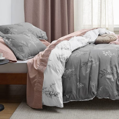 Bedsure Duvet Cover King Size - Reversible Floral Duvet Cover Set with Zipper Closure, 3 Pieces Grey Bedding Set with 8 Corner Ties and 2 Pillowcases 20"x36"