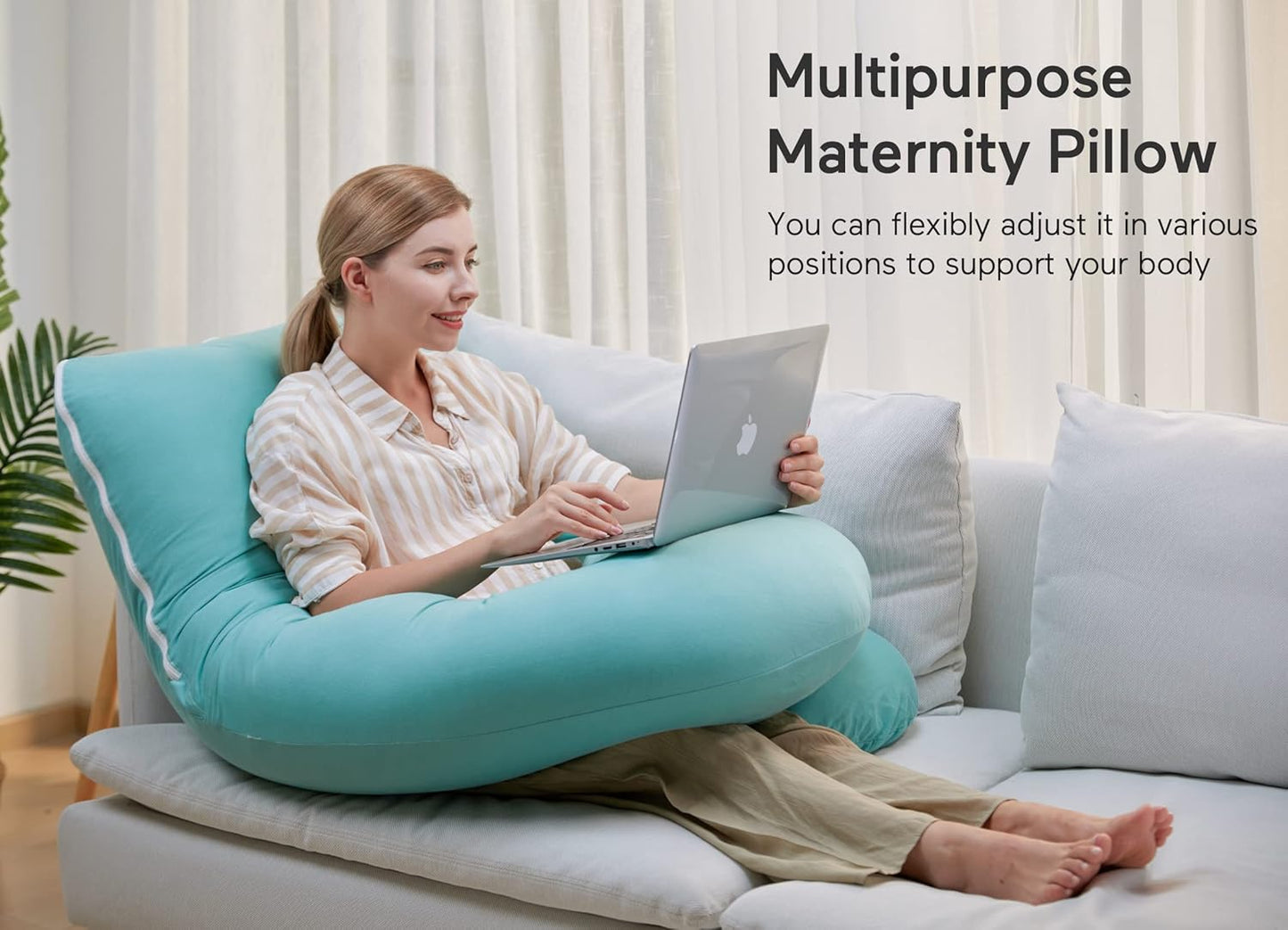 Momcozy U-Shaped Pregnancy Pillow - 57 Inch Full Body Maternity Support with Cotton Cover | Tiffany Blue