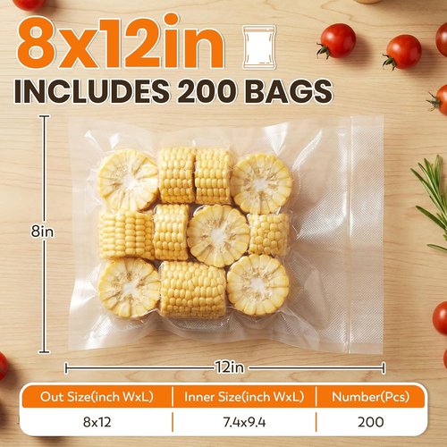 FUNFERY Vacuum Sealer Bags - 200 Precut Quart 8" x 12" | BPA-Free Airtight Food Storage for Meal Prep & Sous Vide