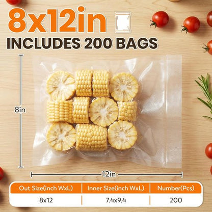 FUNFERY Vacuum Sealer Bags - 200 Precut Quart 8" x 12" | BPA-Free Airtight Food Storage for Meal Prep & Sous Vide