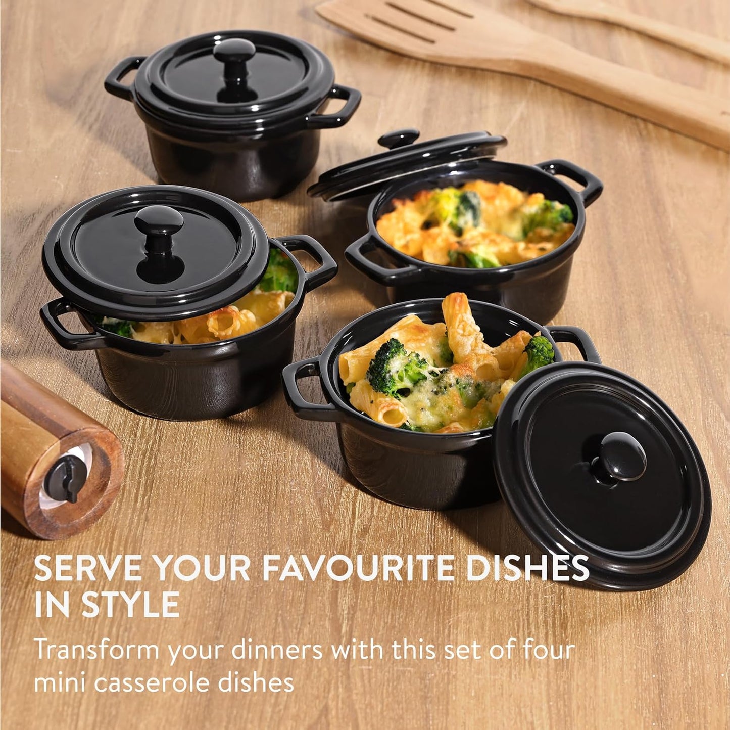 Navaris Mini Dutch Oven Casserole Dish Set - Oven-Proof with Lid - Easy Clean - 4 x 8 oz (237 ml) - Black