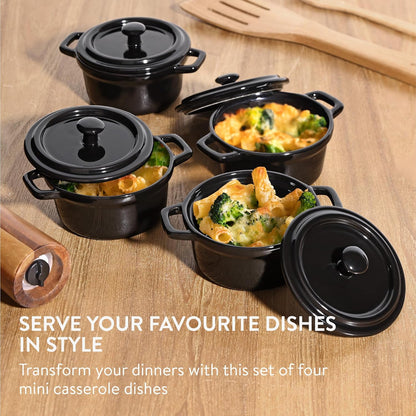 Navaris Mini Dutch Oven Casserole Dish Set - Oven-Proof with Lid - Easy Clean - 4 x 8 oz (237 ml) - Black