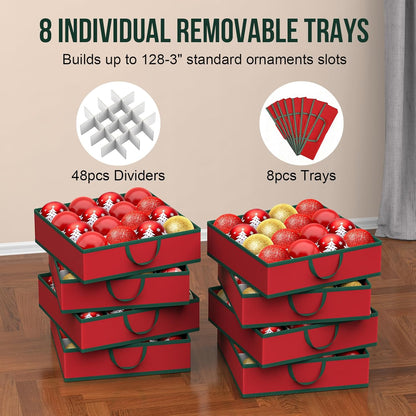 Skiennix Christmas Ornament Storage Box - Organize 128 Ornaments with Dual Zipper Closure & Adjustable Dividers | Large Holiday Decoration Container with 8 Trays