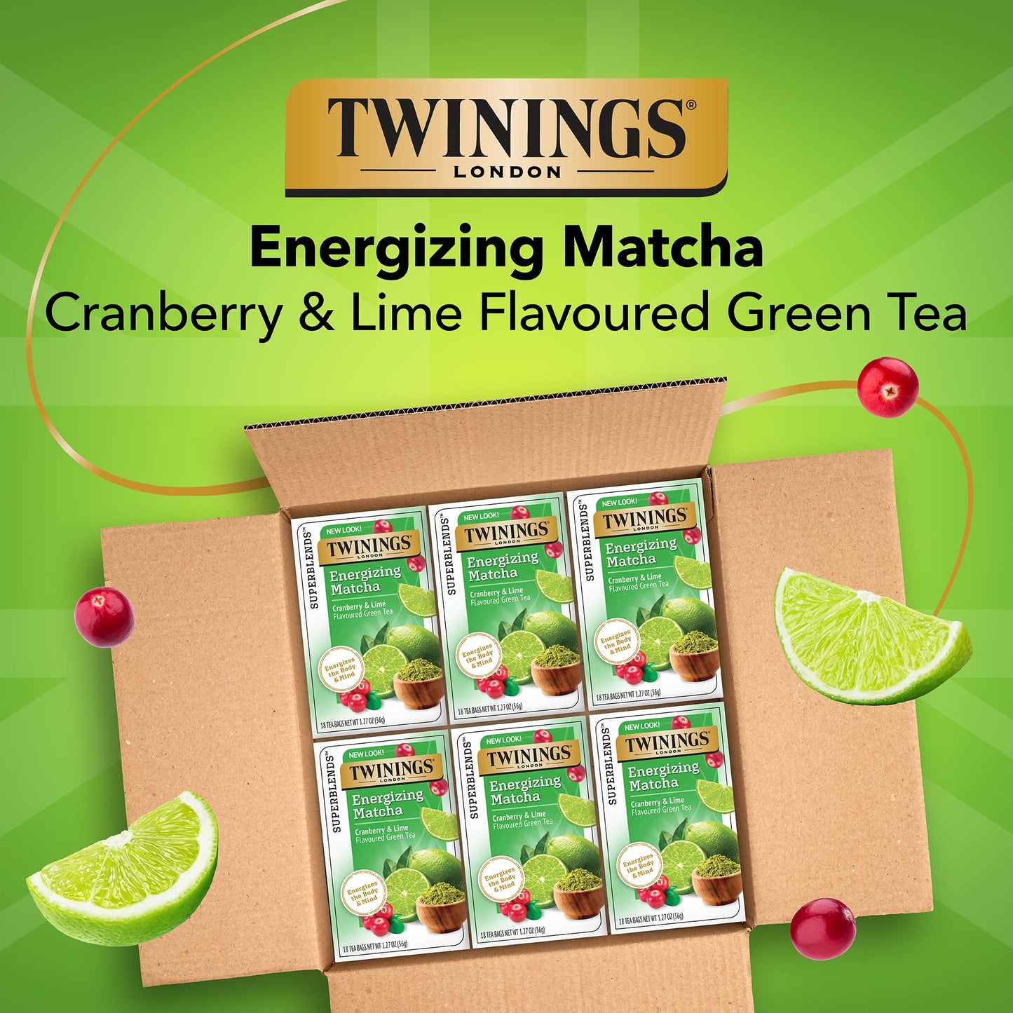 Twinings Superblends Energizing Matcha Cranberry & Lime Flavoured Green Tea, 18 Tea Bags (Pack of 6)