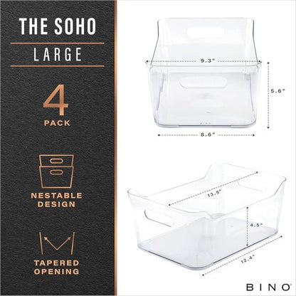 BINO Plastic Organizer Bins - Large 4 Pack | Multi-Use Pantry & Freezer Storage Containers