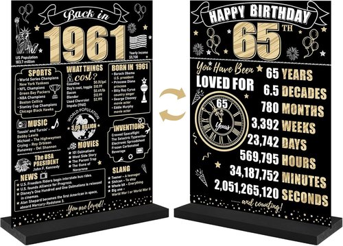 Back in 1961 65th Birthday Decorations - Two-Sided Wooden Table Sign with Stand | Black & Gold Design