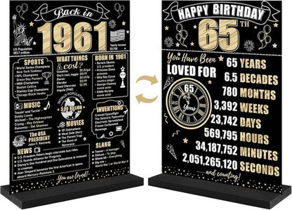 Back in 1961 65th Birthday Decorations - Two-Sided Wooden Table Sign with Stand | Black & Gold Design