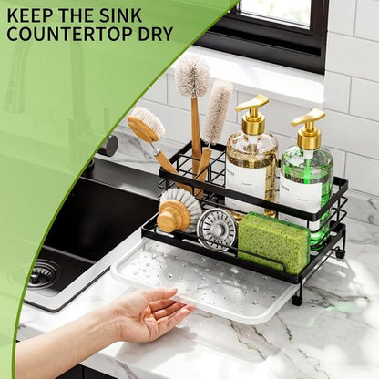 Cisily Large Black Kitchen Sponge Holder - Rustproof Sink Caddy with Drip Tray & Non-Slip Design