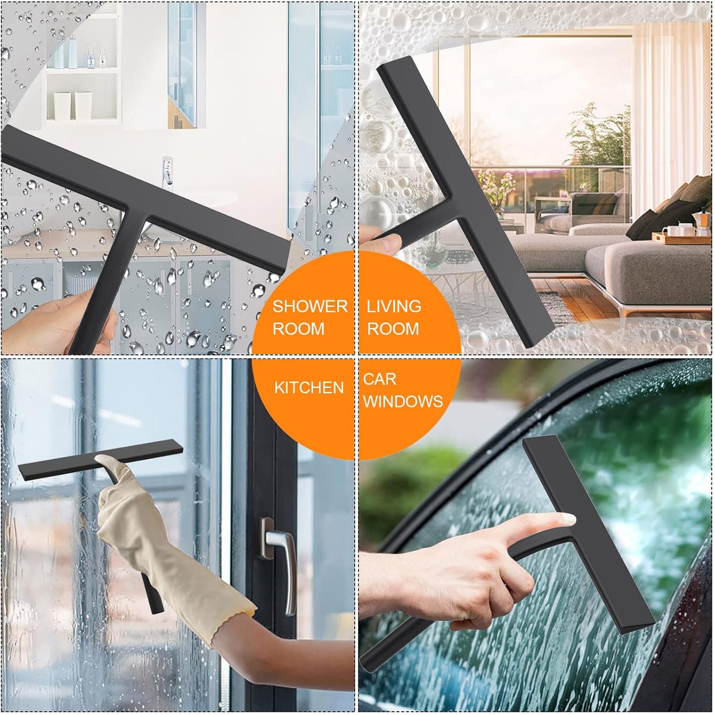 Skiennix All-Purpose Silicone Shower Squeegee - 9 Inch Black Tool with Hooks for Glass Doors & Mirrors