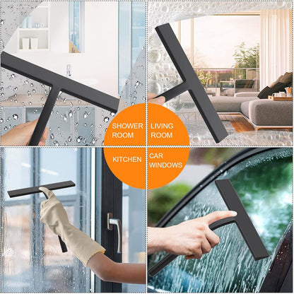 Skiennix All-Purpose Silicone Shower Squeegee - 9 Inch Black Tool with Hooks for Glass Doors & Mirrors