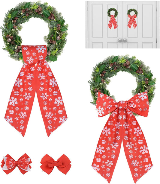 Red Satin Sash by Wreath - 2pcs Front Door Decor with Christmas Bow Embroidery | Indoor/Outdoor Use