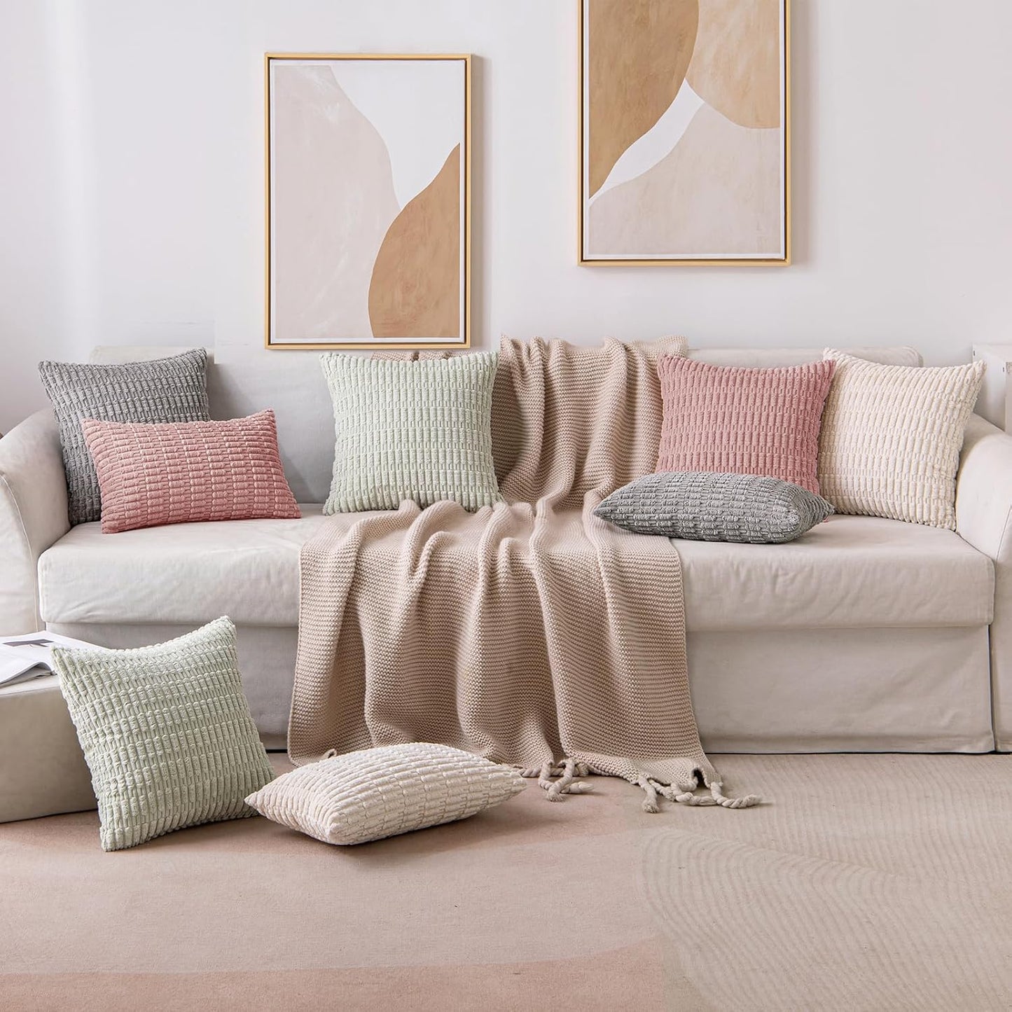 MIULEE Corduroy Throw Pillow Covers - Soft Boho Striped Design | 18x18 Inch Blush Pink Decor for Sofa & Bed