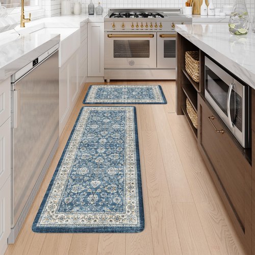 KIMODE Kitchen Mats Cushioned Anti Fatigue, Boho Oriental Kitchen Rugs Sets of 2, Blue Kitchen Mats for Floor, Padded Kitchen Floor Mat, Non Slip Standing Desk Mats for Sink Laundry Office