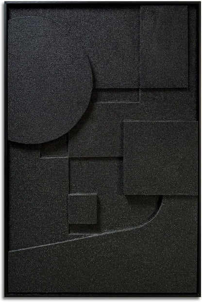 Slyart Black Textured Wall Art - Handmade 3D Abstract Relief Painting | Framed Vertical Art 24x36 Inch