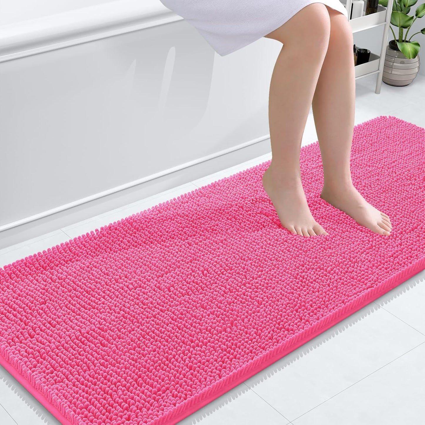 OLANLY Bathroom Runner Rugs - Soft Absorbent Chenille with Rubber Backing | 59x24 Inches, Hot Pink