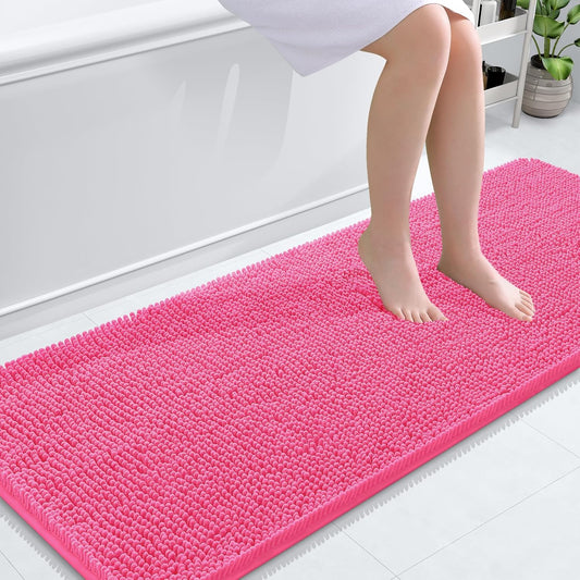 OLANLY Bathroom Runner Rugs - Soft Absorbent Chenille with Rubber Backing | 59x24 Inches, Hot Pink