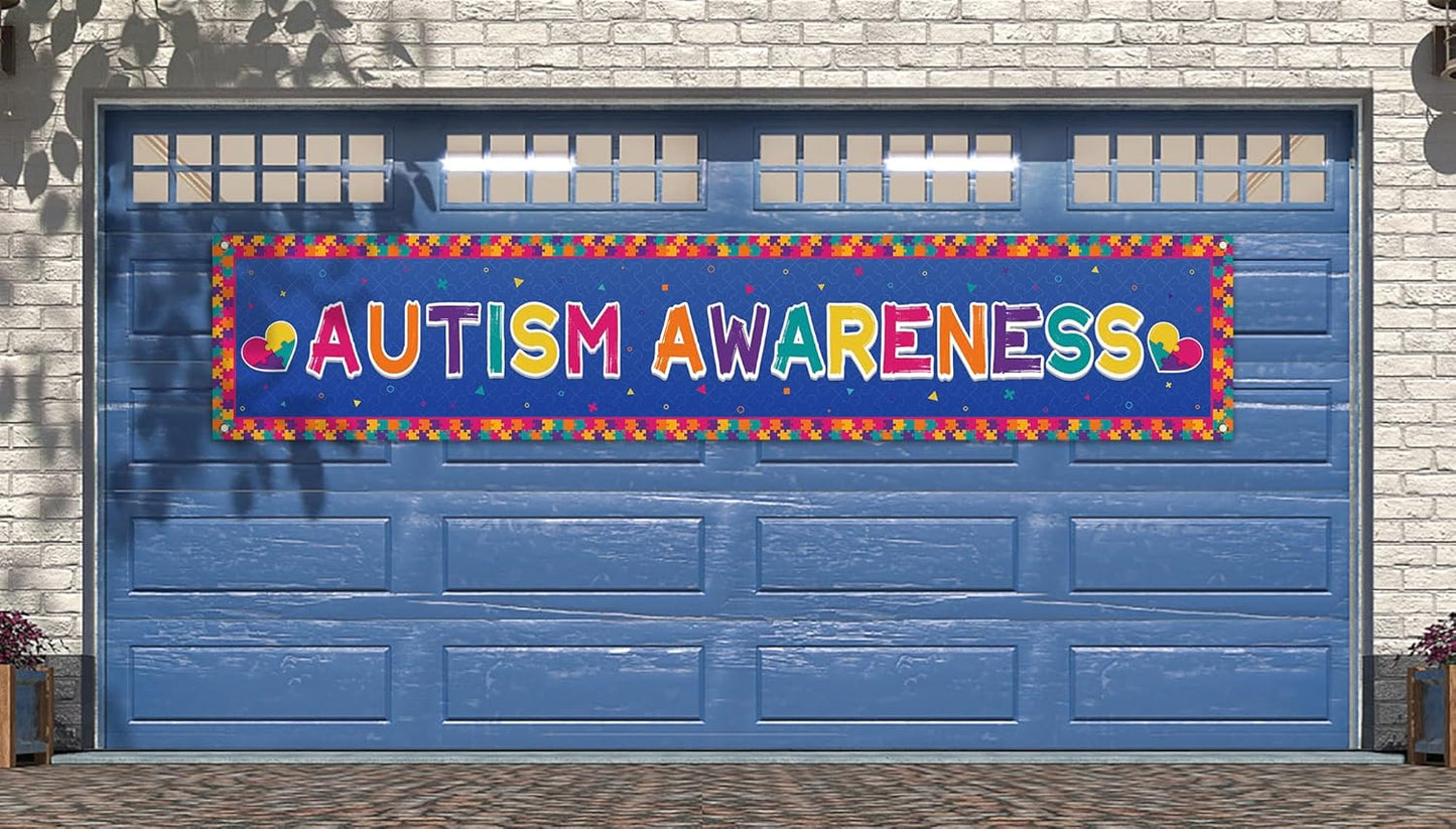 Nepnuser Autism Awareness Fence Banner - Love Needs No Words | Large 1.6 x 8.2 ft Outdoor Sign