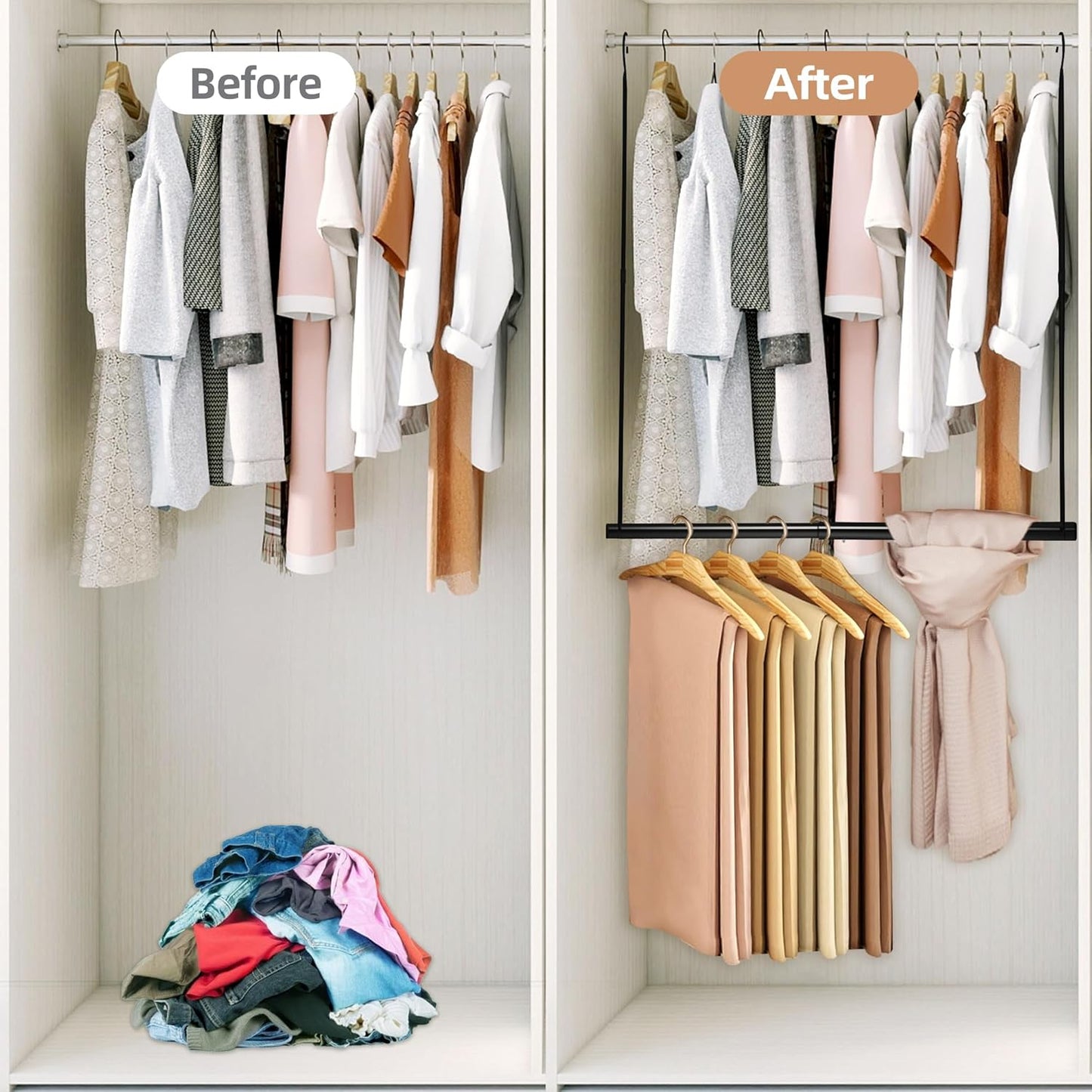 Storage Maniac Adjustable Closet Rod - Space-Saving Hanging Organizer, 2 Pack Black
