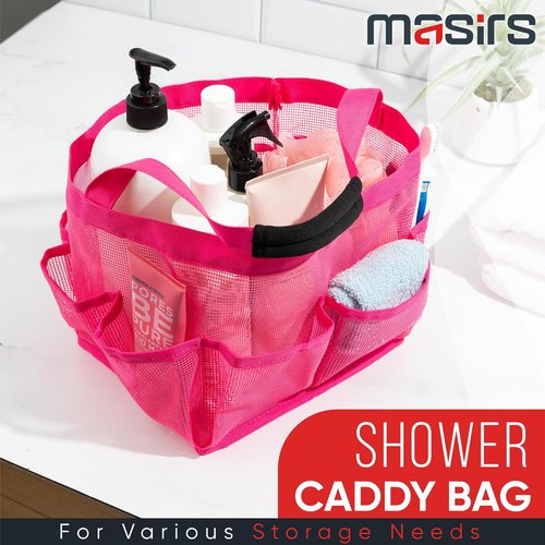 Masirs Shower Caddy - 9 Pocket Portable Bathroom Organizer Tote for Travel & Gym | Collapsible Pink Design