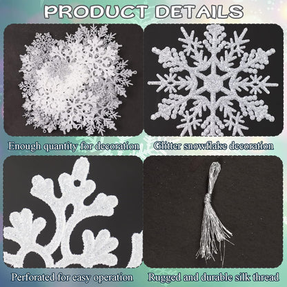 Skiennix Christmas Snowflake Ornaments - 36 Pcs Glittering White & Silver Hanging Decor for Holiday Home & Parties