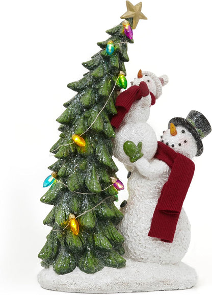Valery Madelyn Christmas Snowman Figurines - Adorable Red & White Resin Family Decor | 12.5 Inch with Lights