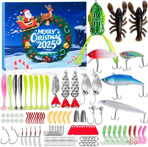 Fishing Advent Calendar 2025 - 24 Days of 114 Pcs Fishing Lures Set | Perfect Xmas Gift for Men & Teens