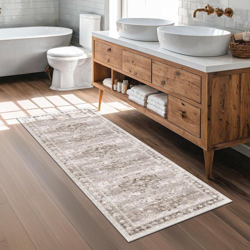 Hazo Haus Boho Bathroom Rug - Vintage Floral Design | 2x5 Non-Slip Washable Runner in Beige Latte
