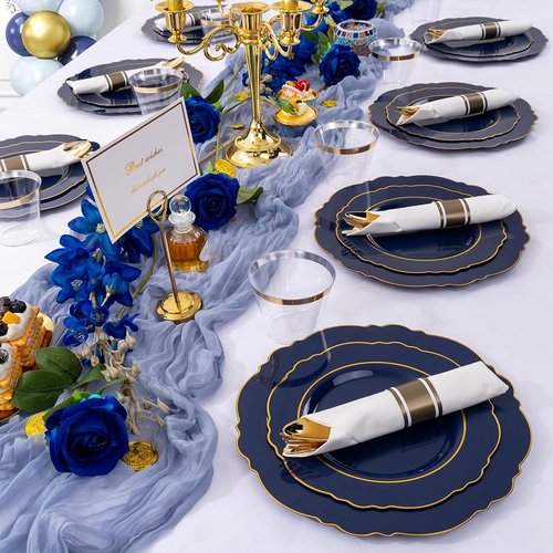 Liacere Navy Blue Plastic Plates - 350PCS Disposable Dinnerware Set for 50 Guests | Includes Napkins & Silverware