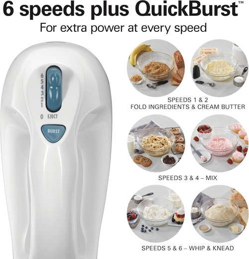 Hamilton Beach 6-Speed Electric Hand Mixer - Whisk & Beaters with Snap-On Storage Case, 250 Watts, White