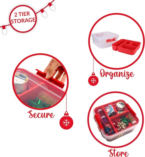 Gift Supply Storage Box by Simplify - 5 Compartment Design with Clear Top Lid | 2-Tier Red Box | 9.5” x 9.5” x 4.5”