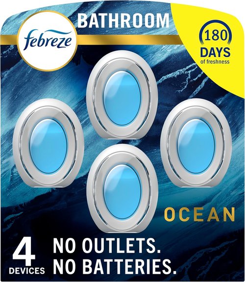 Febreze Bathroom Air Freshener - Odor-Fighting Plug-In Alternative | Ocean Scent, 4 Count for Small Spaces
