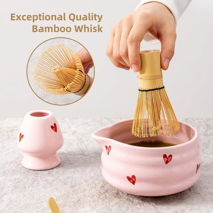 YumiPLUS 5pcs Premium Matcha Set,Ceramic Bowl with Spout and Bamboo Whisk set, Ceremonical Matcha Kit for breakfast/latte,Tea Starter Making Kit,Unique Matcha Gift set (pink love)