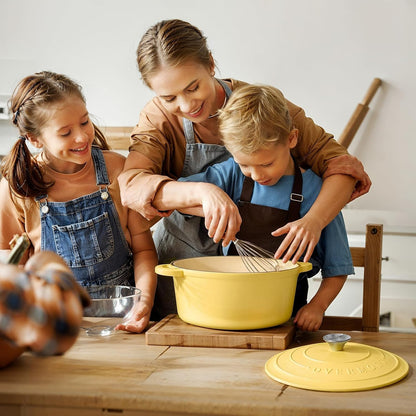 Overmont Enameled Cast Iron Dutch Oven - 5.5QT Heavy-Duty Pot with Lid & Potholders | Goose Yellow