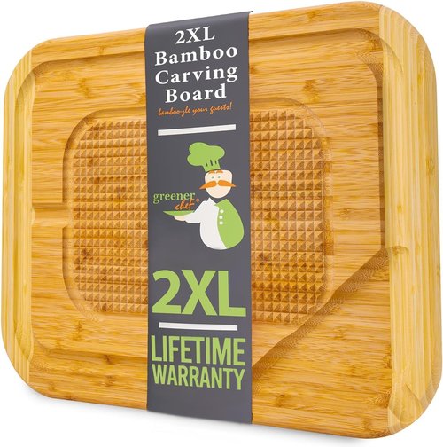 GREENER CHEF 24 Inch 2XL Organic Meat Carving Board with Lifetime Replacements - Wooden Butcher Block with Pour Spout, Turkey Platter for Holidays, Meat Cutting Board