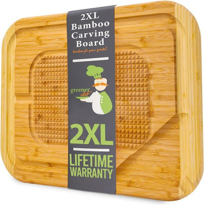 GREENER CHEF 24 Inch 2XL Organic Meat Carving Board with Lifetime Replacements - Wooden Butcher Block with Pour Spout, Turkey Platter for Holidays, Meat Cutting Board
