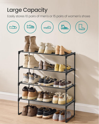 SONGMICS 4-Tier Shoe Rack - Stackable Metal Organizer for 10-15 Pairs | Black, 11.8 x 26.8 x 28.4 Inches