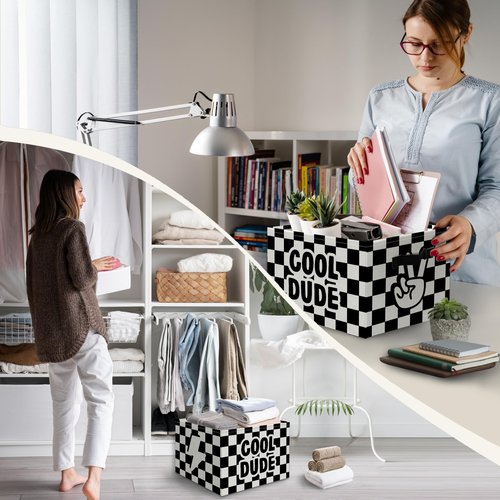 JUIOEIU Cool Dude Boy Foldable Checkered Basket Storage Bins Box with Handles, Black and White Collapsible Organizer for Kids Boys Room Bedroom Bathroom Nursery Playroom Clothes Toys Books
