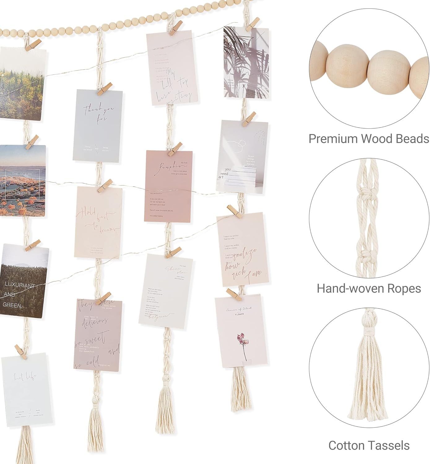 Mkono Macrame Photo Display Wall Decor - Boho String Lights & Wooden Beads | 45 Clip Collage Frame for Bedroom & Dorm