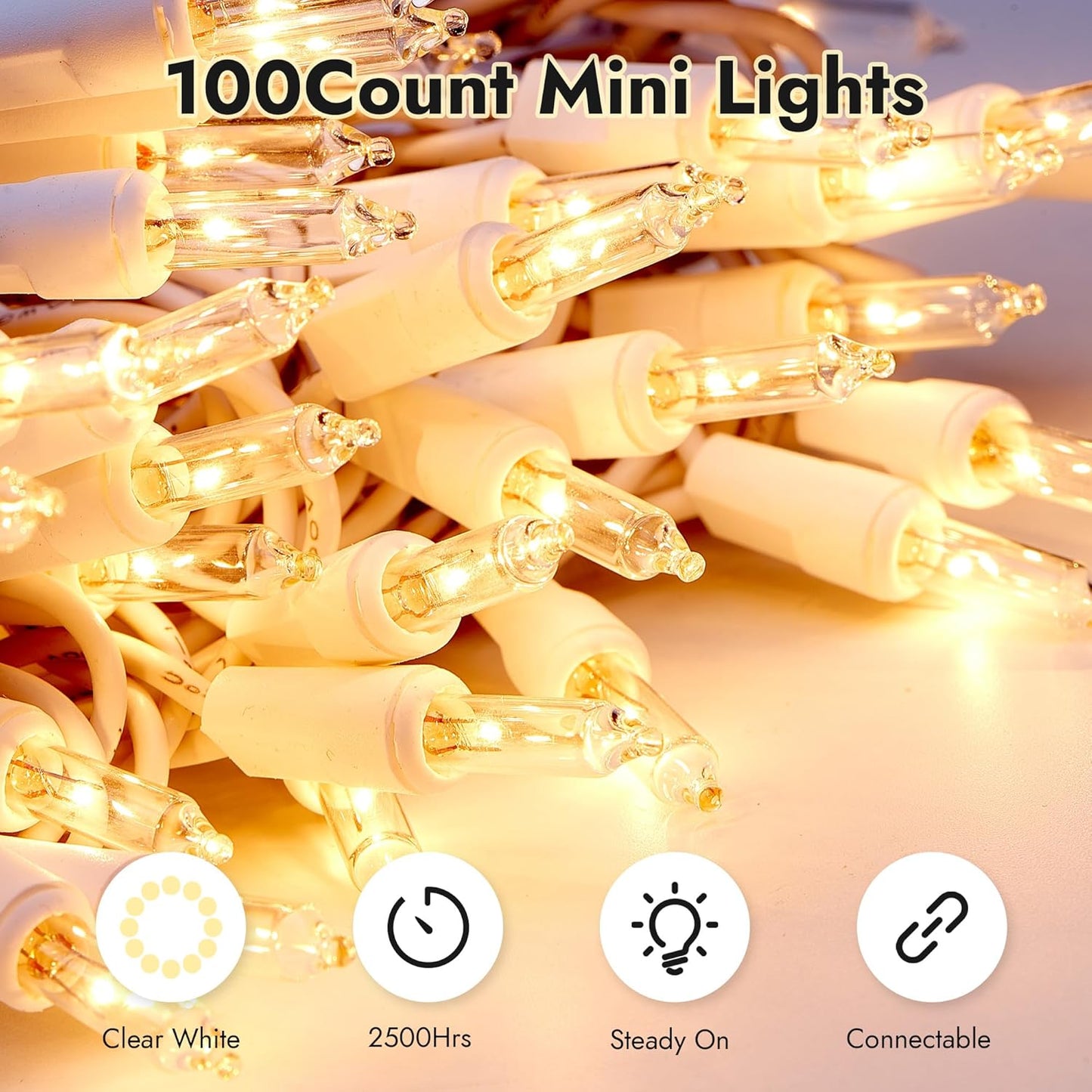 Dirnun Christmas Lights - 100 Count Clear White Incandescent Connectable Lights | UL Certified for Indoor & Outdoor Use